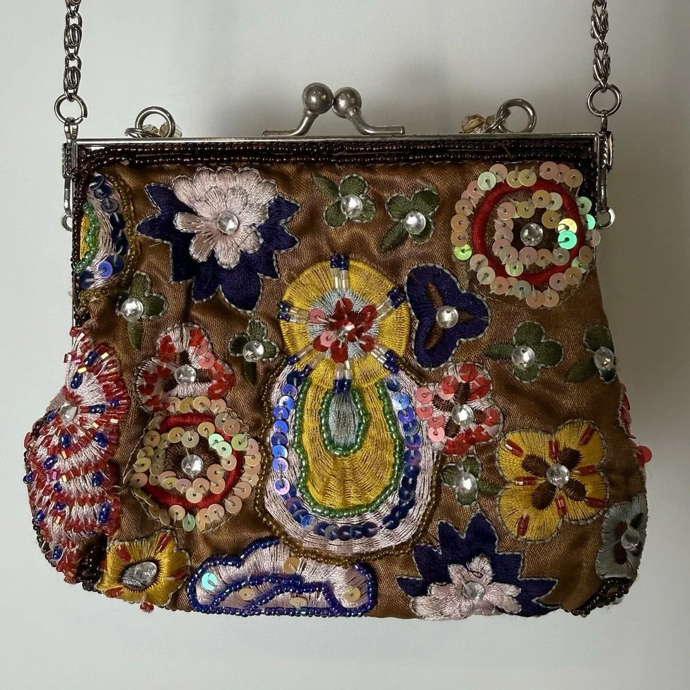 Vtg Y2K Beaded Sequin Purse Evening Bag Top Handle Cross‎ Body Guess Collection